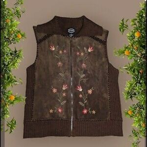 Brown Corduroy Vest with Pink Floral Embroidery